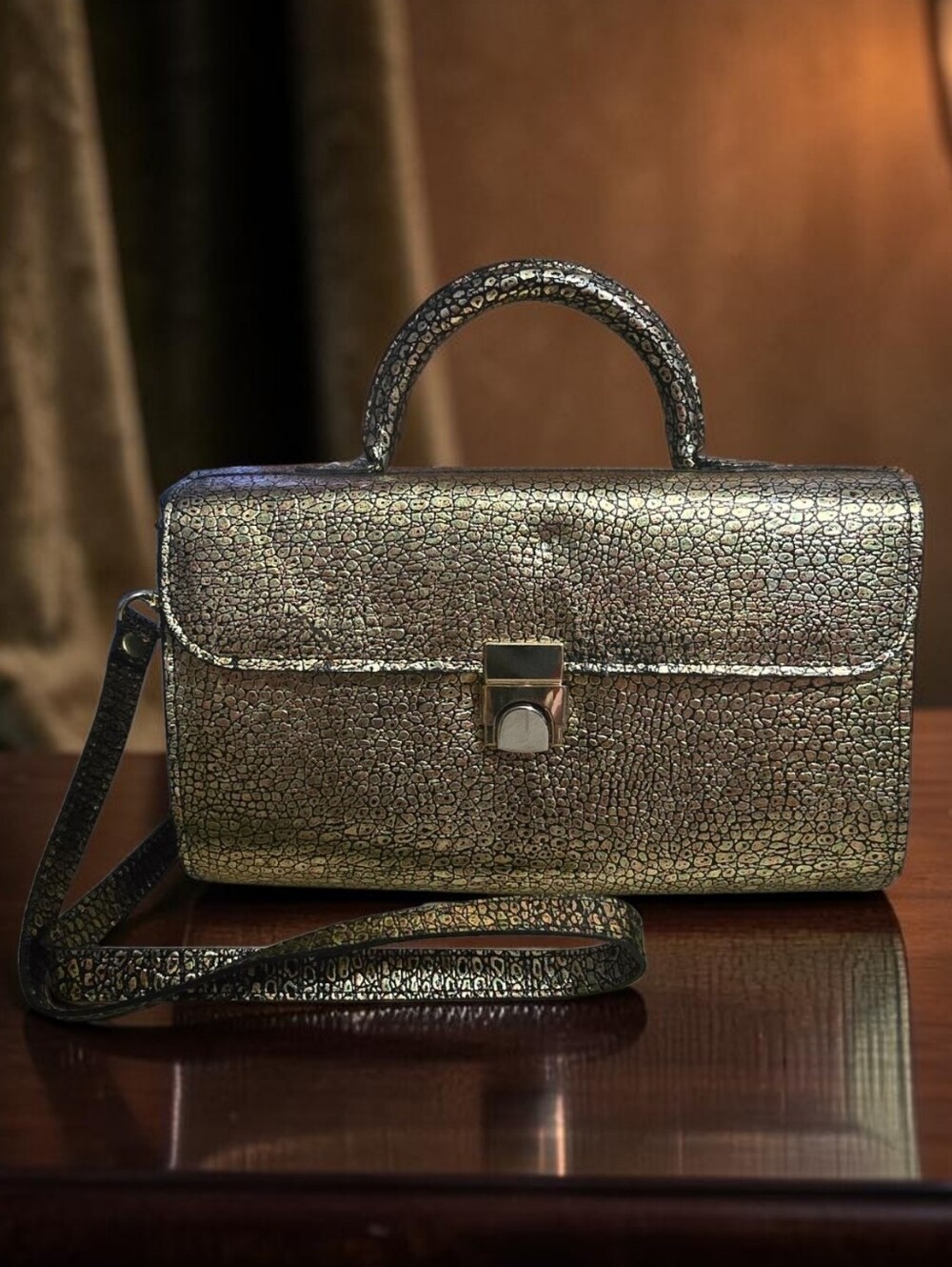 M.C. of Germany Metallic Gold & Copper Textured Top Handle Crossbody Satchel Bag